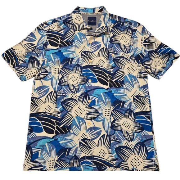 Tommy Bahama Men’s Large Silk Hawaiian Shirt Blue Tropical Floral - Picture 1 of 7
